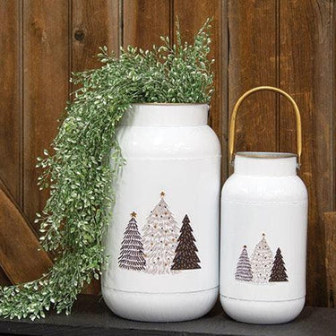 2 Set White Milk Cans with Embossed Trees - The Fox Decor